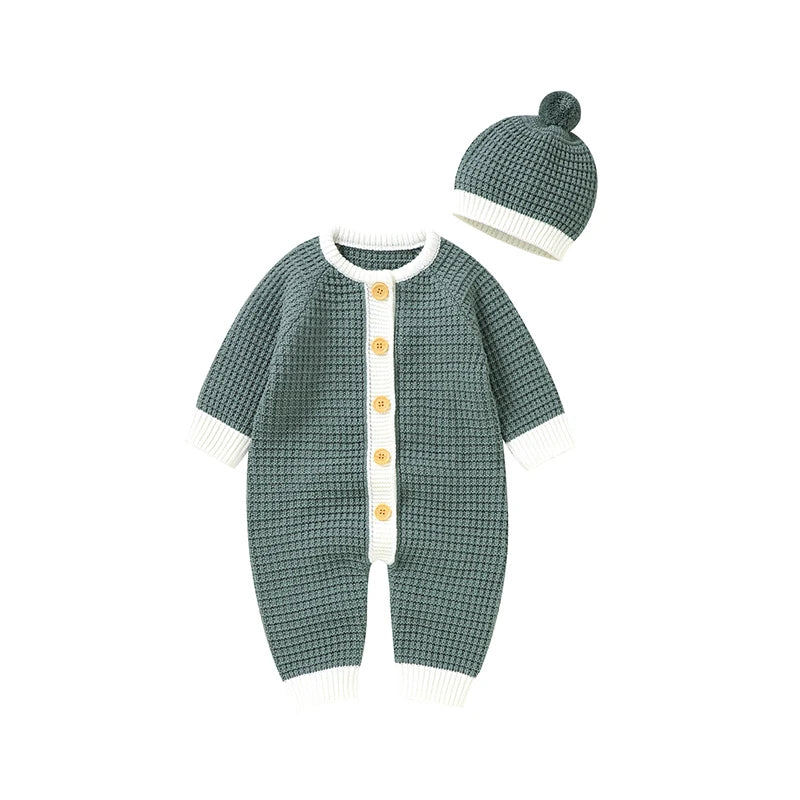 Conjunto Macacão Manga Longa e Touca em Tricot