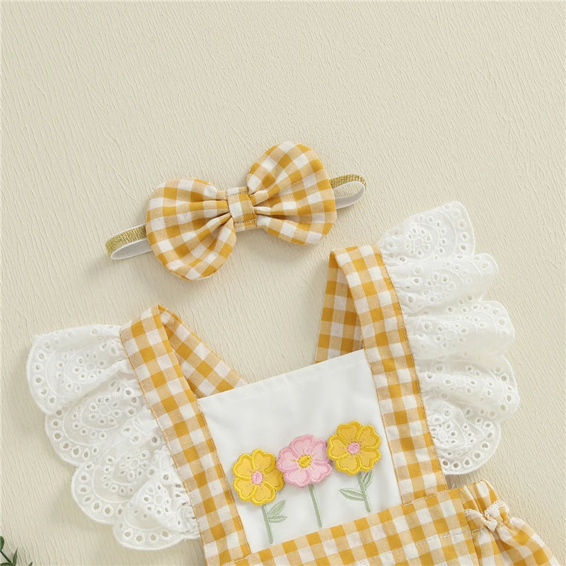 Macacão Curto Floral Xadrez + Faixa de Cabeça - 2pçs