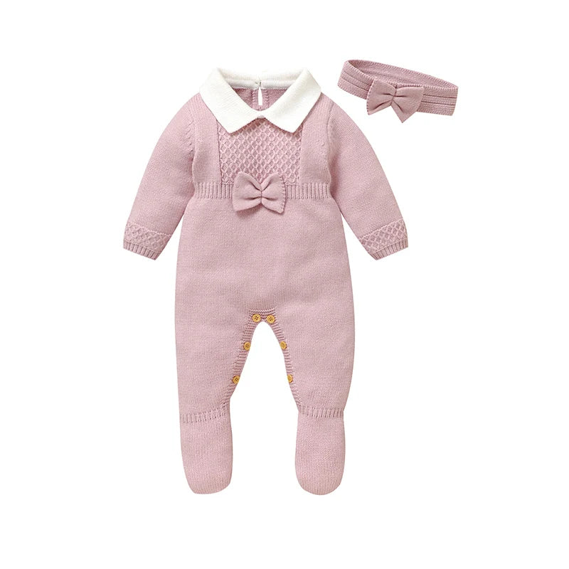 Conjunto Macacão Manga Longa em Tricot e Faixa de Cabeça - 2pçs
