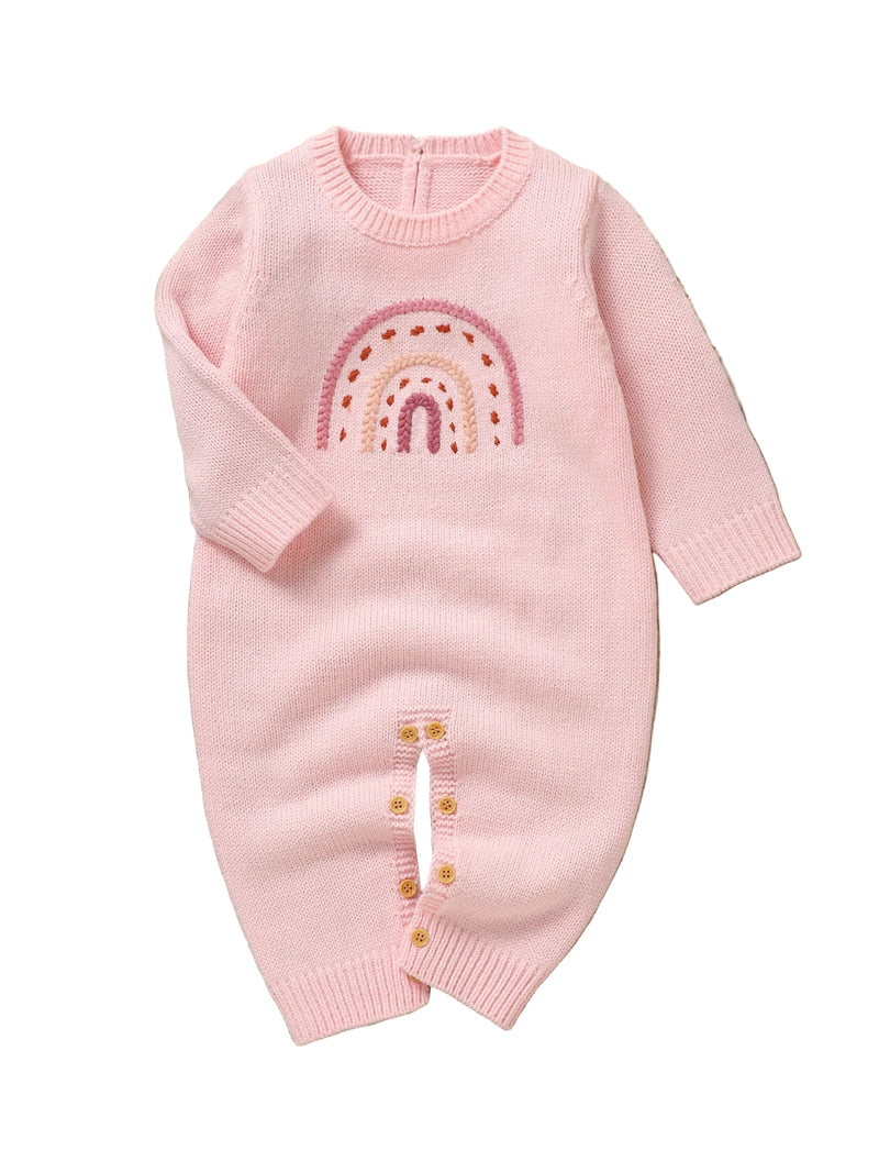 Macacão Manga Longa em Tricot Rosa com Bordado de Arco-Íris