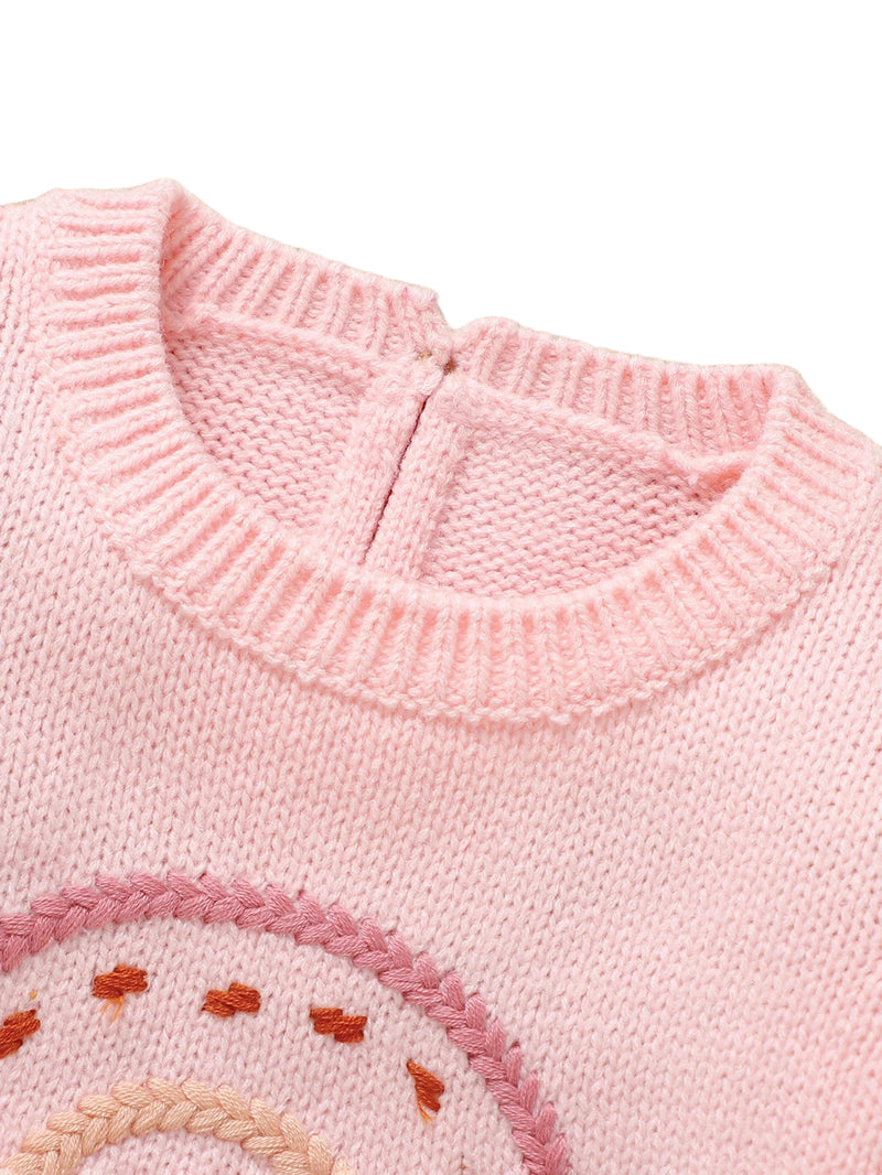 Macacão Manga Longa em Tricot Rosa com Bordado de Arco-Íris