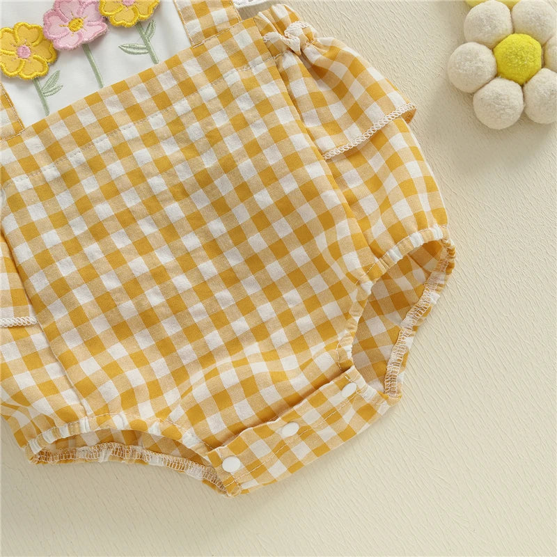 Macacão Curto Floral Xadrez + Faixa de Cabeça - 2pçs