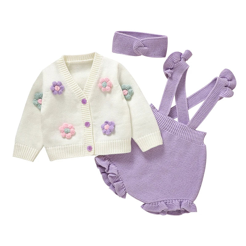 Conjunto Casaco Cardigan, Romper e Faixa de Cabeça em Tricot - 3pçs