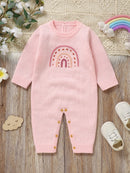 Macacão Manga Longa em Tricot Rosa com Bordado de Arco-Íris