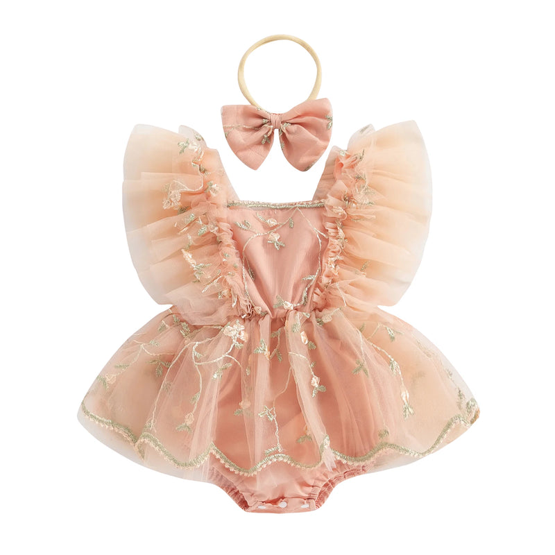 Conjunto Candy Macacão Floral com Tule e Faixa de Cabeça - 2pçs