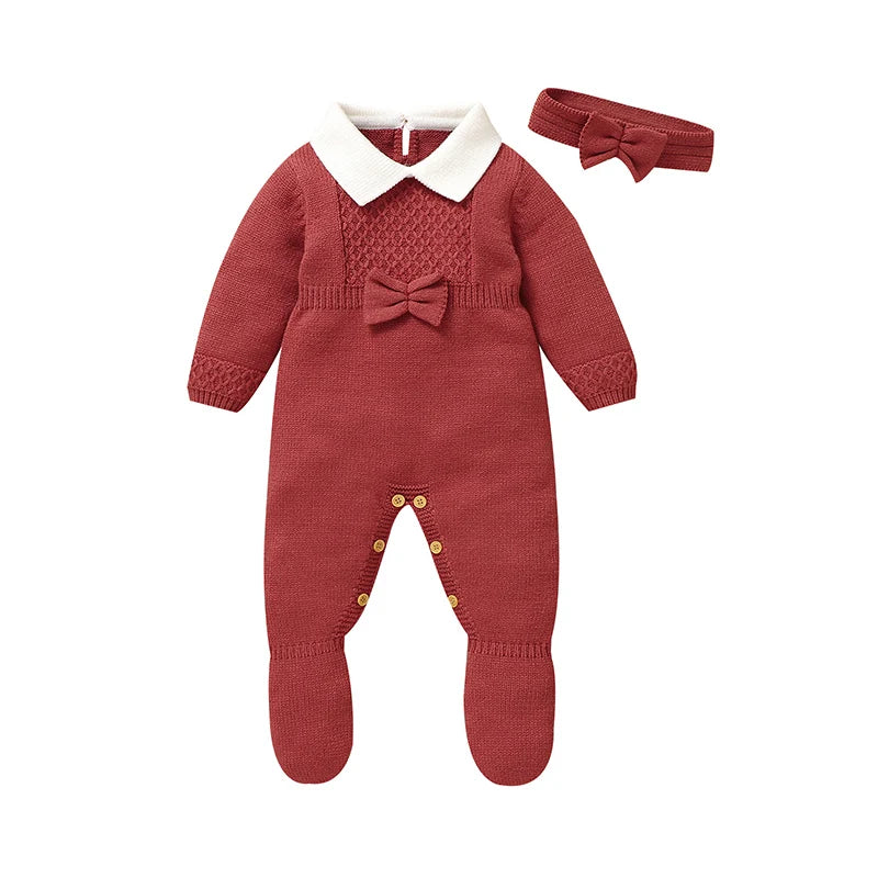 Conjunto Macacão Manga Longa em Tricot e Faixa de Cabeça- 2pçs