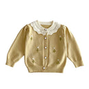 Cardigan Em Tricot Amarelo Com Bordados Florais E Gola Em Babados