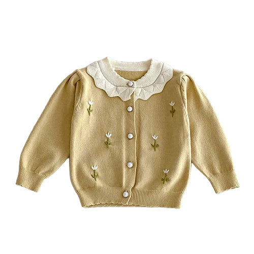 Cardigan Em Tricot Amarelo Com Bordados Florais E Gola Em Babados