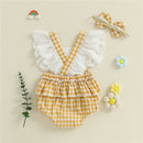 Macacão Curto Floral Xadrez + Faixa de Cabeça - 2pçs