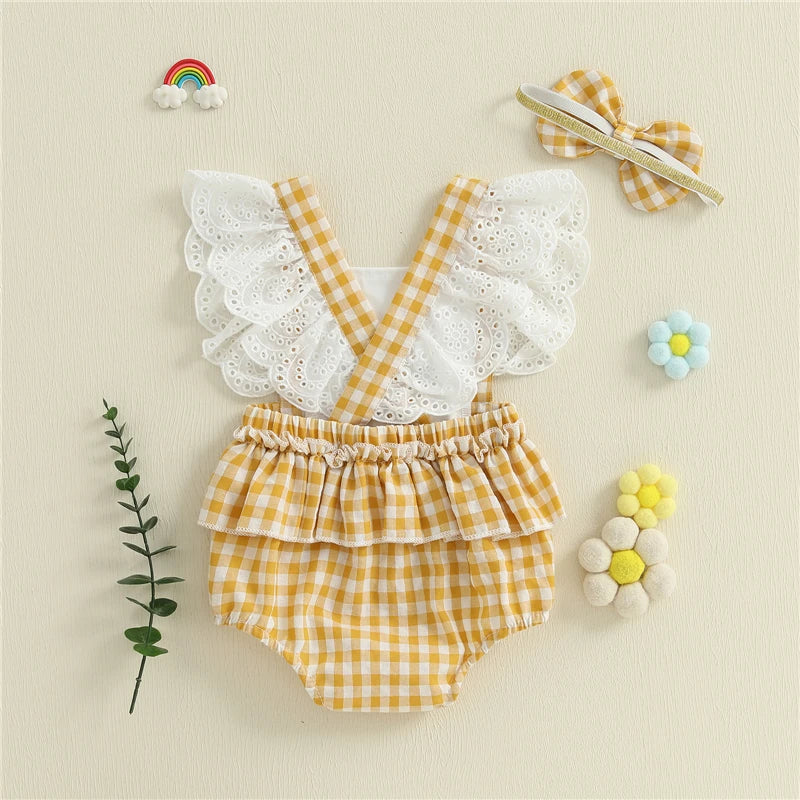 Macacão Curto Floral Xadrez + Faixa de Cabeça - 2pçs