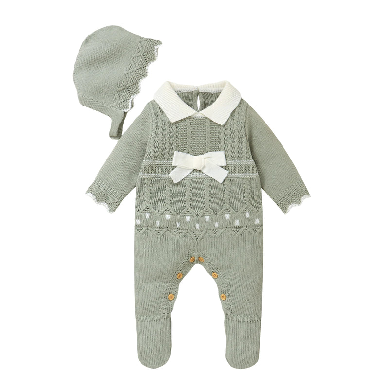 Conjunto Macacão Manga Longa e Chapéu em Tricot - 2pçs