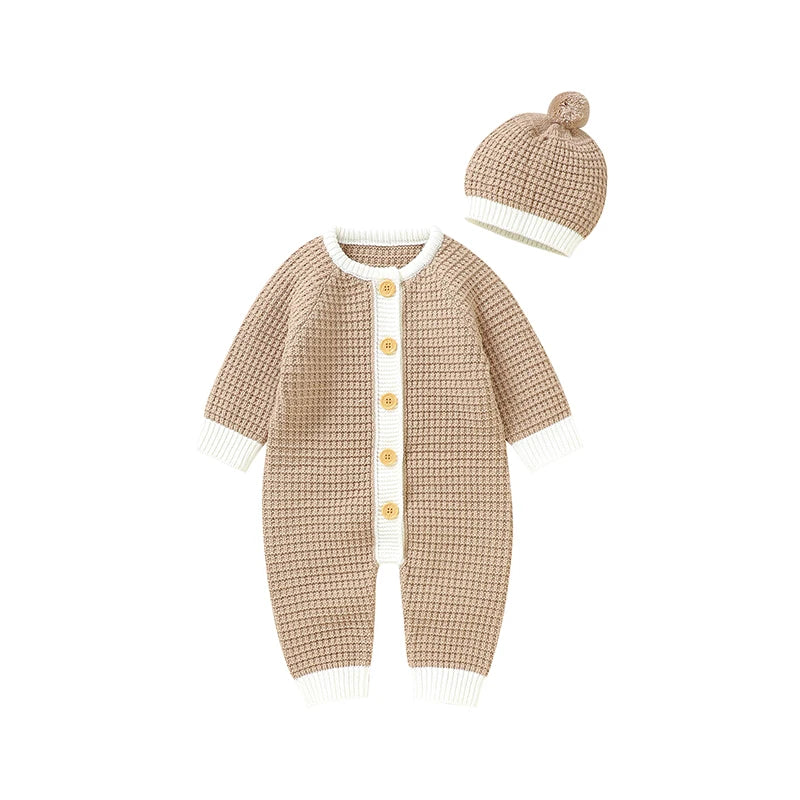 Conjunto Macacão Manga Longa e Touca em Tricot