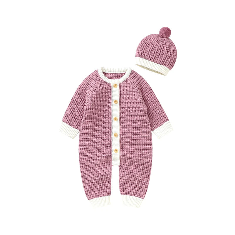Conjunto Macacão Manga Longa e Touca em Tricot