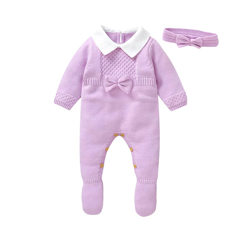 Conjunto Macacão Manga Longa em Tricot e Faixa de Cabeça- 2pçs