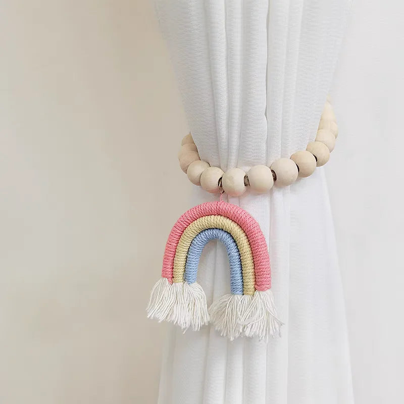 Enfeite de Cortina com Borlas e Contas de Madeira -2pçs