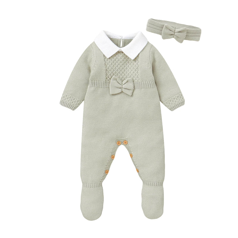 Conjunto Macacão Manga Longa em Tricot e Faixa de Cabeça- 2pçs