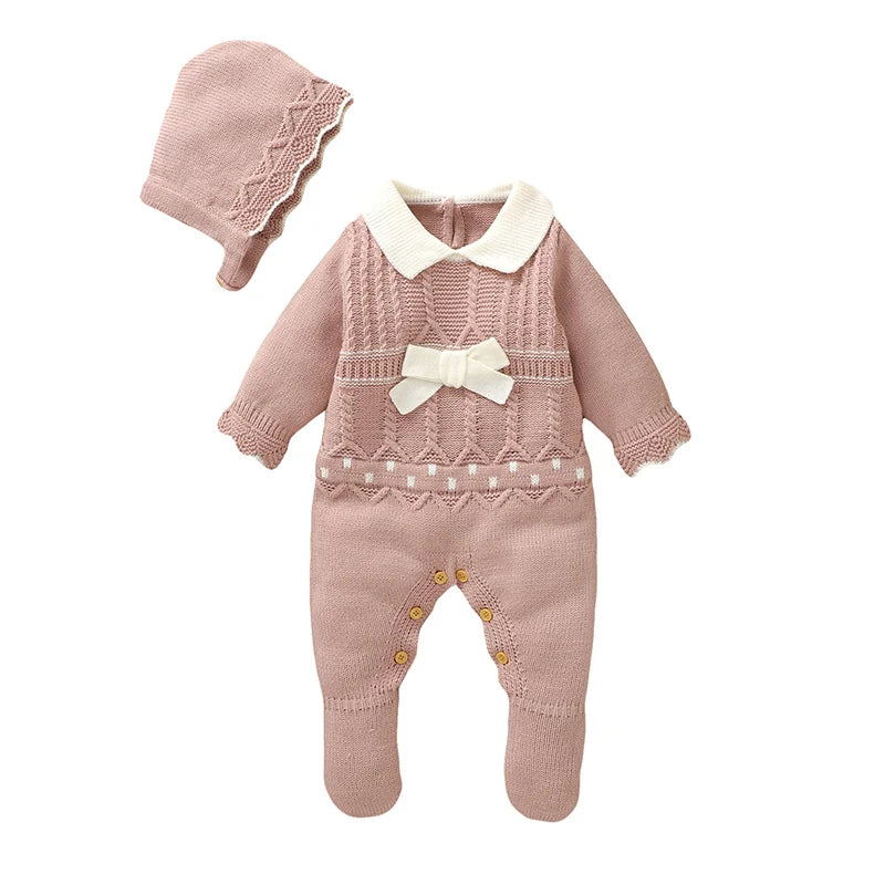 Conjunto Macacão Manga Longa e Chapéu em Tricot  - 2pçs