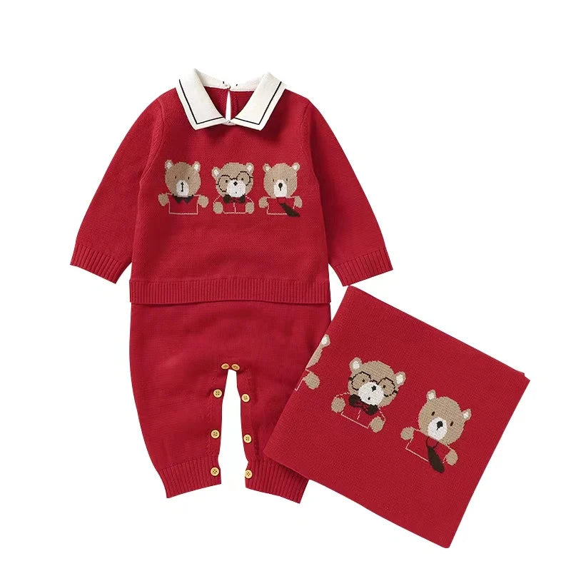 Conjunto Macacão Manga Longa e Manta em Tricot - 2pçs
