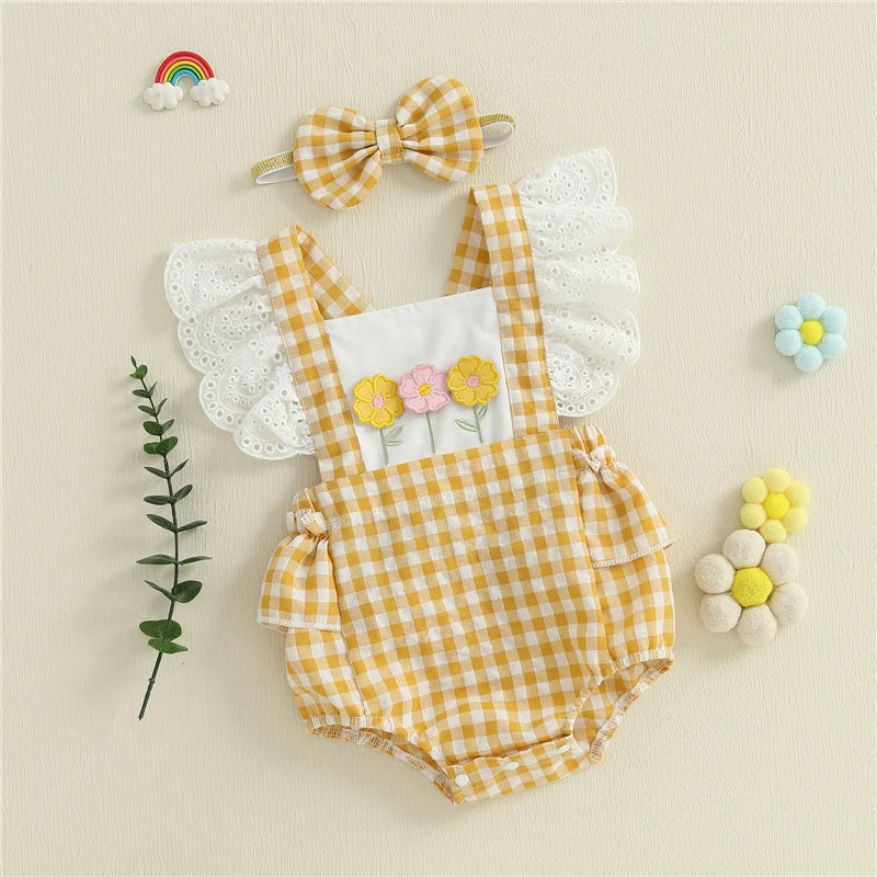 Macacão Curto Floral Xadrez + Faixa de Cabeça - 2pçs