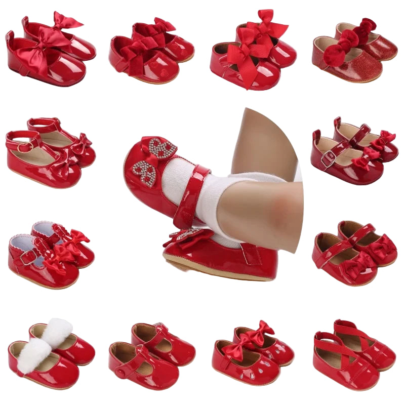 Sapatos Baixos Clássicos Vermelhos com Laço de Princesa