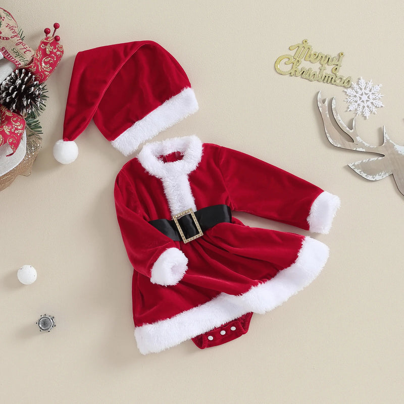 Conjunto Body Vestido + Gorro Natalino em Veludo - 2pçs