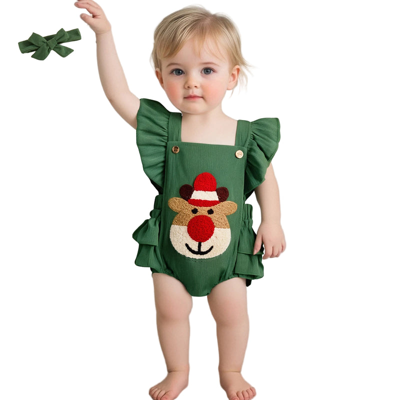 Macacão de Natal Bordado com Faixa de Cabeça -2pçs