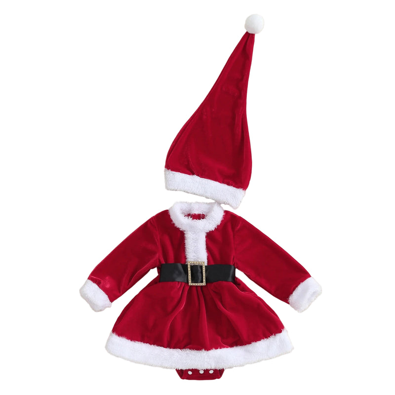 Conjunto Body Vestido + Gorro Natalino em Veludo - 2pçs