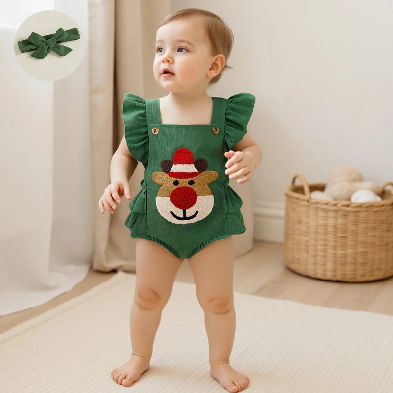 Macacão de Natal Bordado com Faixa de Cabeça -2pçs