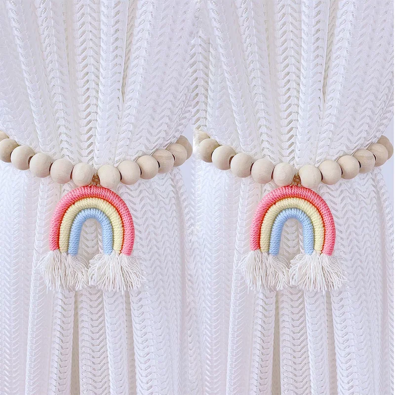 Enfeite de Cortina com Borlas e Contas de Madeira -2pçs