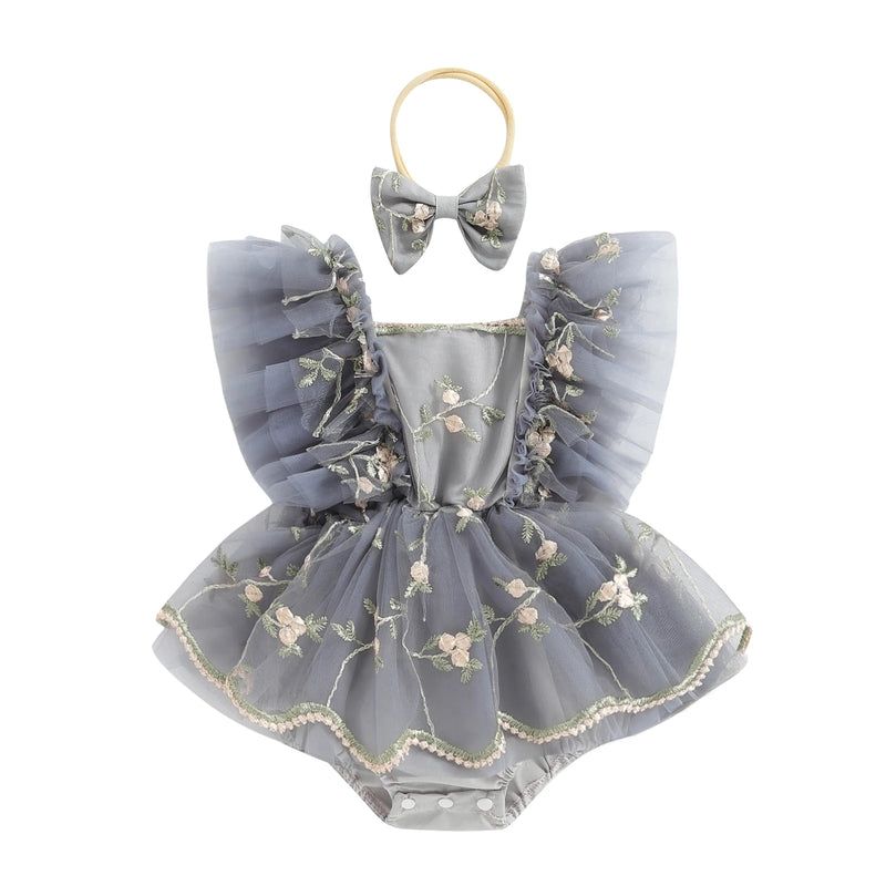 Conjunto Candy Macacão Floral com Tule e Faixa de Cabeça - 2pçs